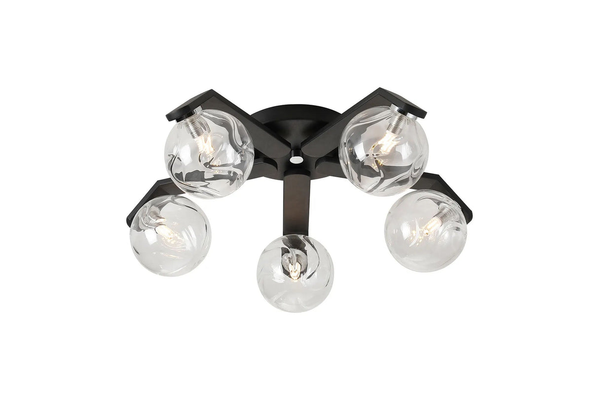 Bellingham Flush Ceiling, 5 x G9, IP44, Black/Polished Chrome/Clear Waved Round Glass