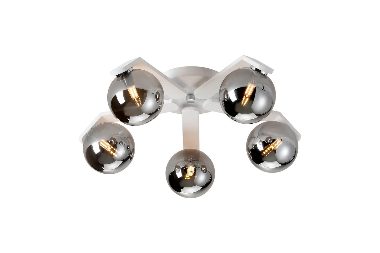 Bellingham Flush Ceiling, 5 x G9, IP44, White/Polished Chrome/Smoke Smooth Round Glass