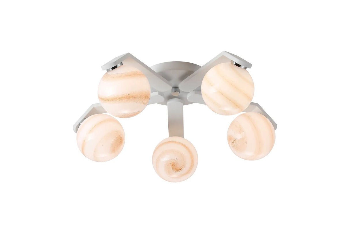 Bellingham Flush Ceiling, 5 x G9, IP44, White/Polished Chrome/Brown Round Marble Effect Glass