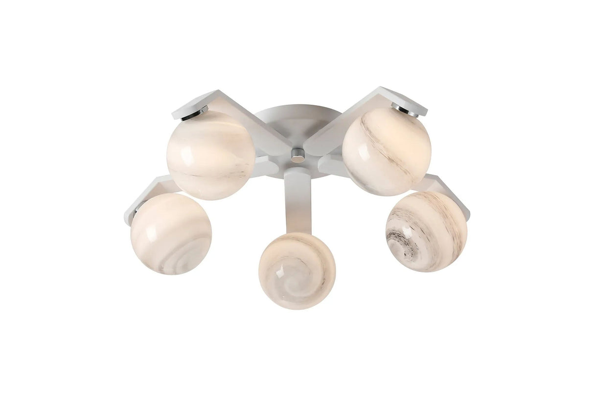 Bellingham Flush Ceiling, 5 x G9, IP44, White/Polished Chrome/Grey Round Marble Effect Glass