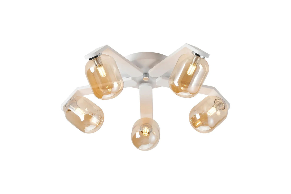 Bellingham Flush Ceiling, 5 x G9, IP44, White/Polished Chrome/Amber Smooth Tubular Glass