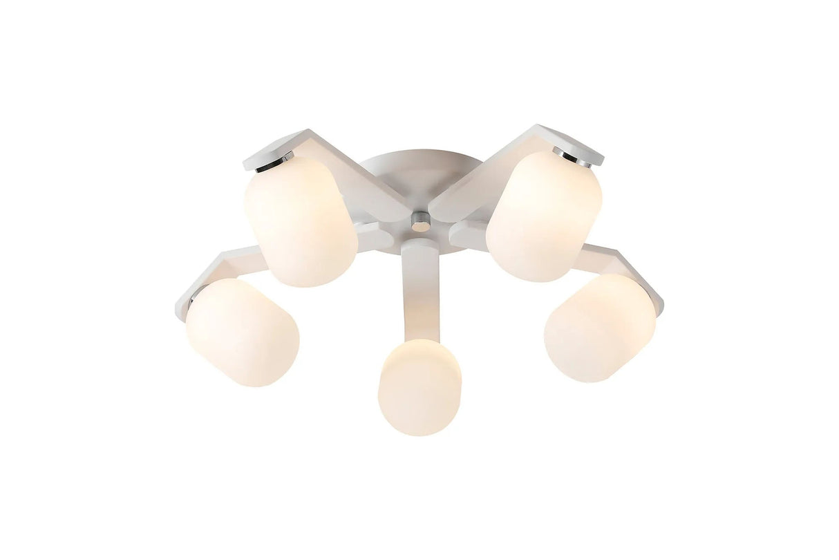 Bellingham Flush Ceiling, 5 x G9, IP44, White/Polished Chrome/Opal Smooth Tubular Glass