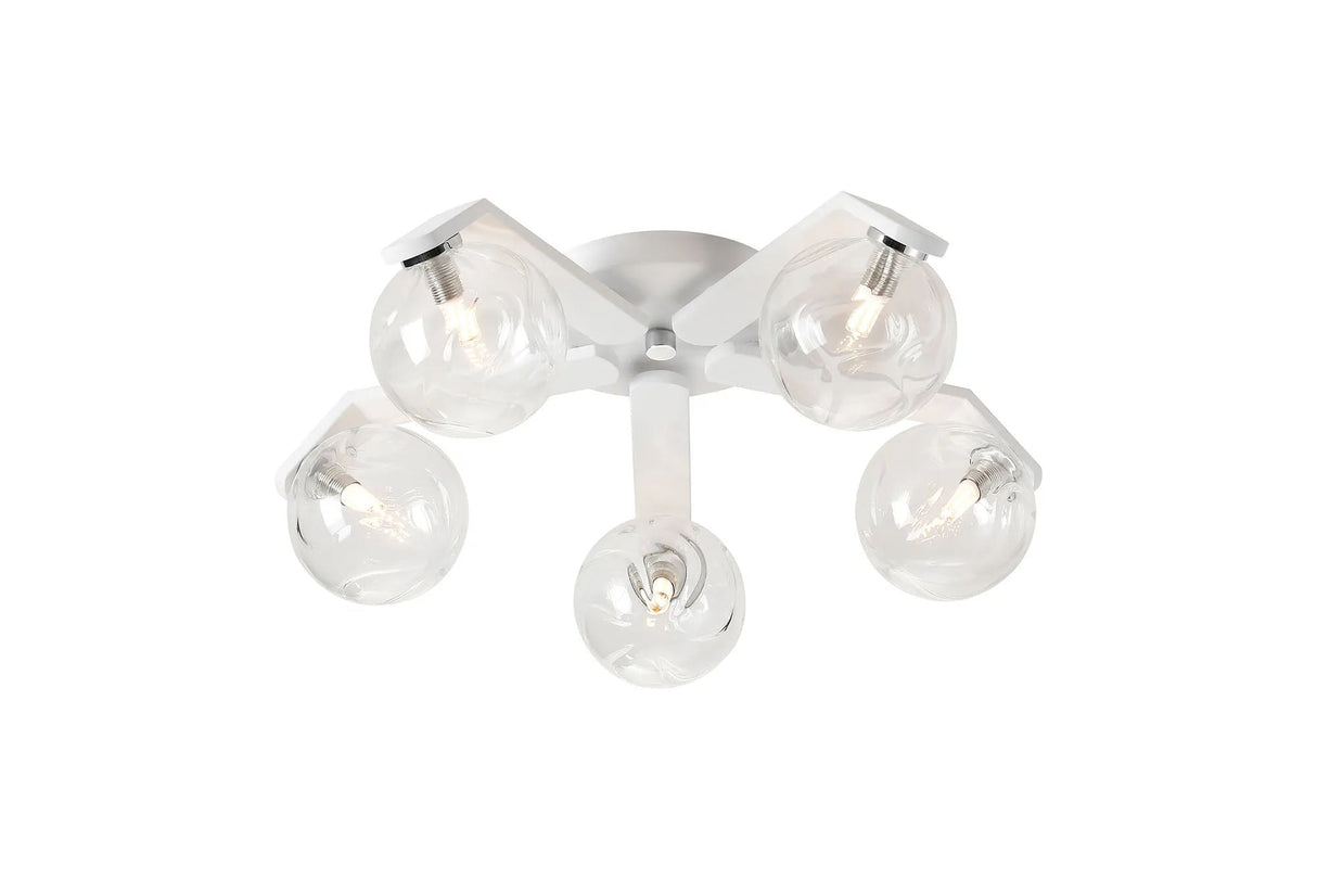 Bellingham Flush Ceiling, 5 x G9, IP44, White/Polished Chrome/Clear Waved Round Glass