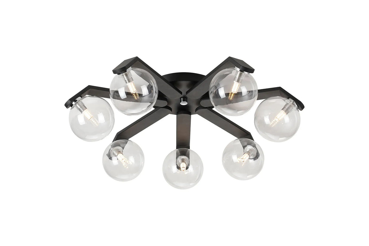 Bellingham Flush Ceiling, 8 x G9, IP44, Black/Polished Chrome/Clear Smooth Round Glass