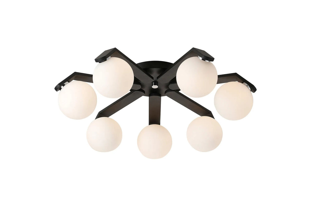 Bellingham Flush Ceiling, 8 x G9, IP44, Black/Polished Chrome/Opal Smooth Round Glass