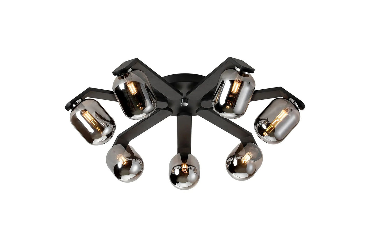 Bellingham Flush Ceiling, 8 x G9, IP44, Black/Polished Chrome/Smoke Smooth Tubular Glass