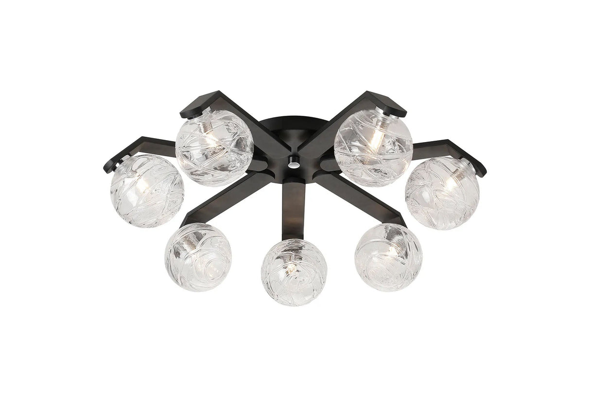 Bellingham Flush Ceiling, 8 x G9, IP44, Black/Polished Chrome/Clear Dune Effect Round Glass