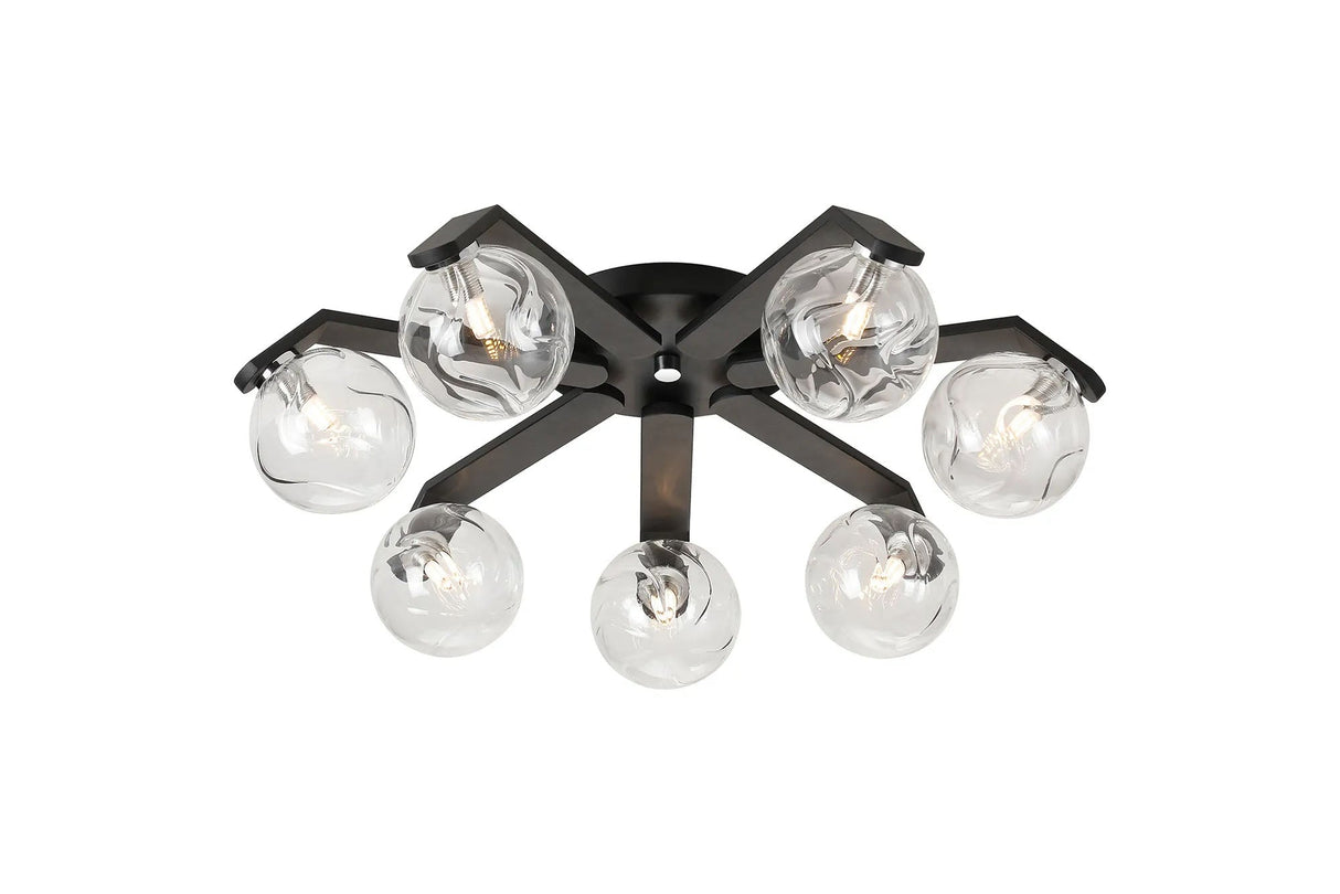 Bellingham Flush Ceiling, 8 x G9, IP44, Black/Polished Chrome/Clear Waved Round Glass