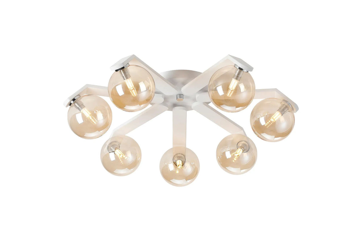 Bellingham Flush Ceiling, 8 x G9, IP44, White/Polished Chrome/Amber Smooth Round Glass