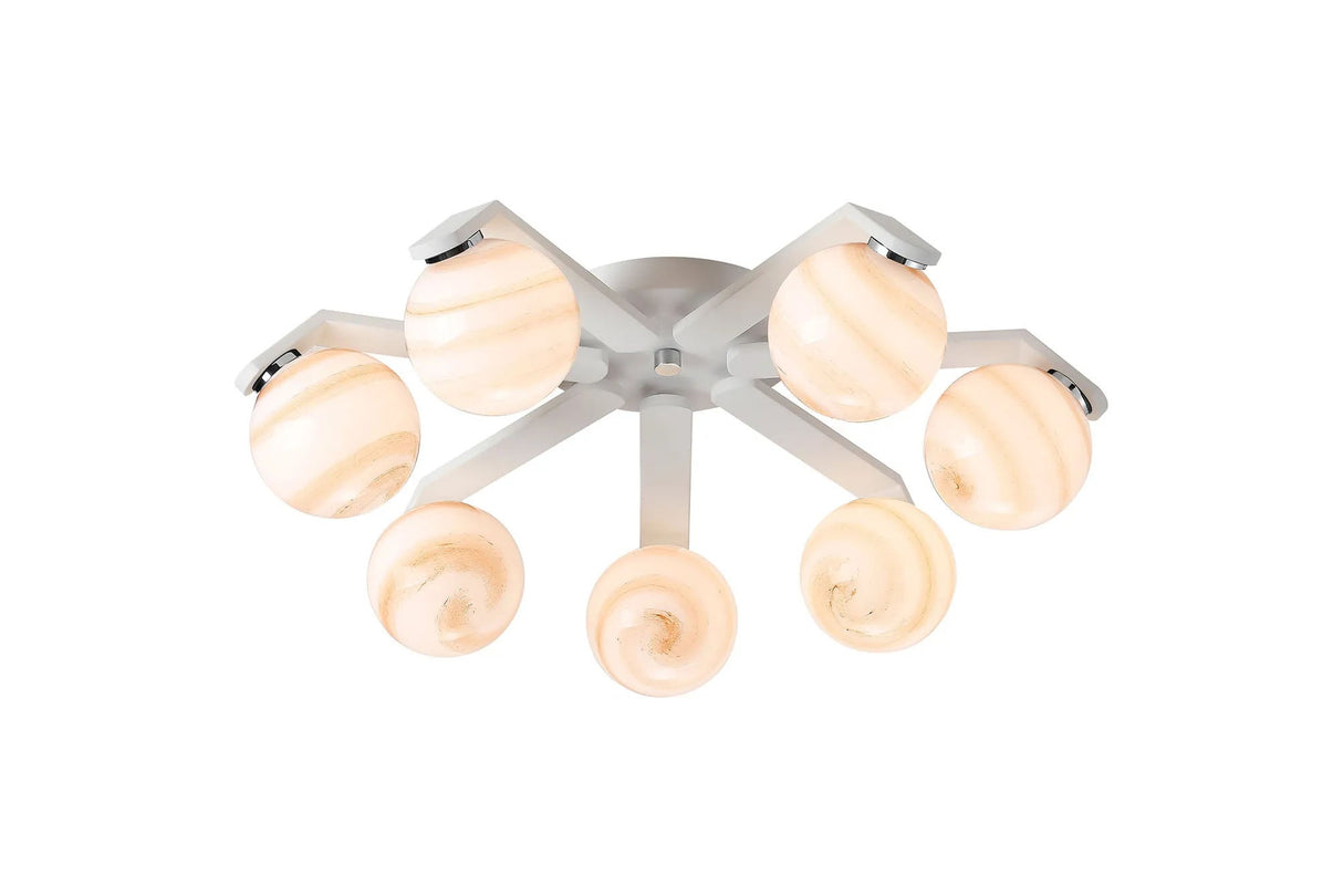 Bellingham Flush Ceiling, 8 x G9, IP44, White/Polished Chrome/Brown Round Marble Effect Glass