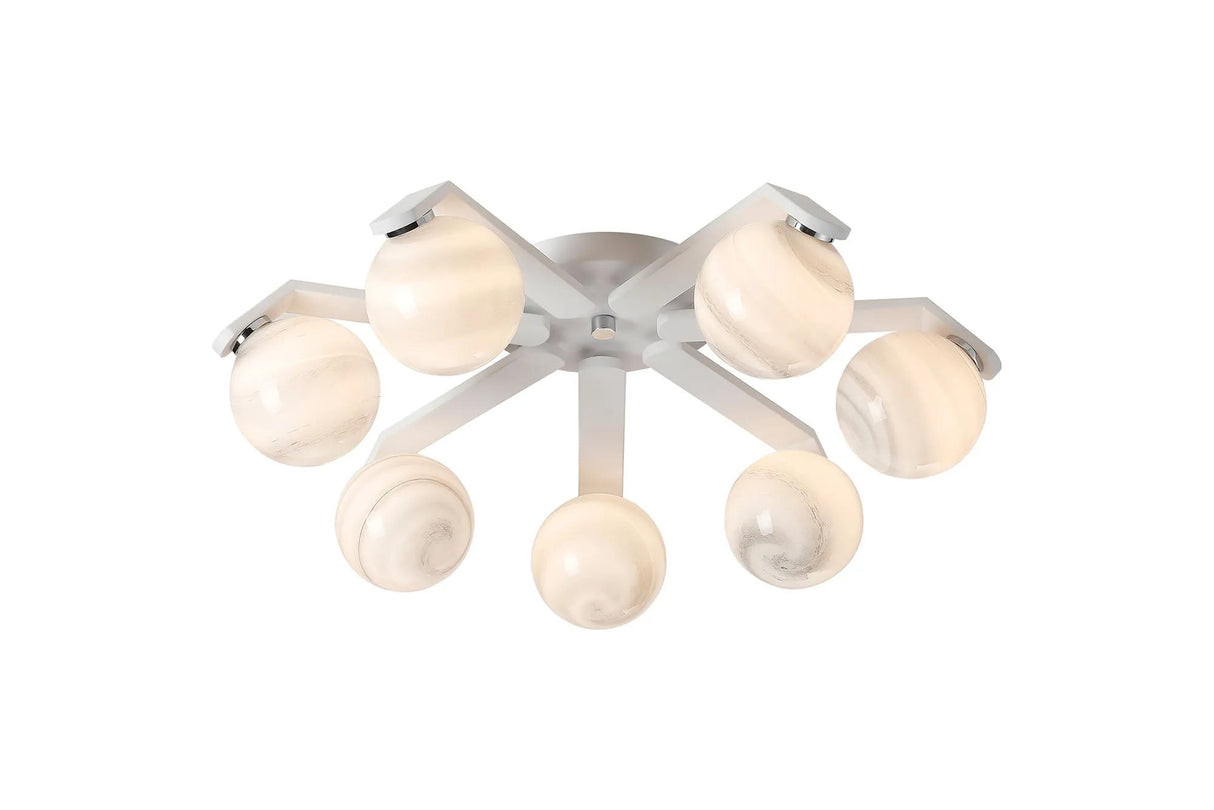 Bellingham Flush Ceiling, 8 x G9, IP44, White/Polished Chrome/Grey Round Marble Effect Glass