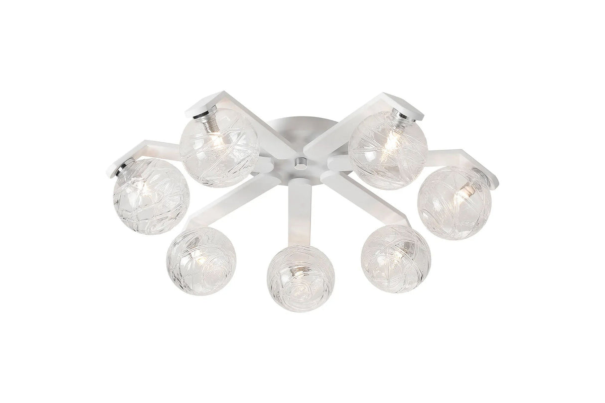 Bellingham Flush Ceiling, 8 x G9, IP44, White/Polished Chrome/Clear Dune Effect Round Glass