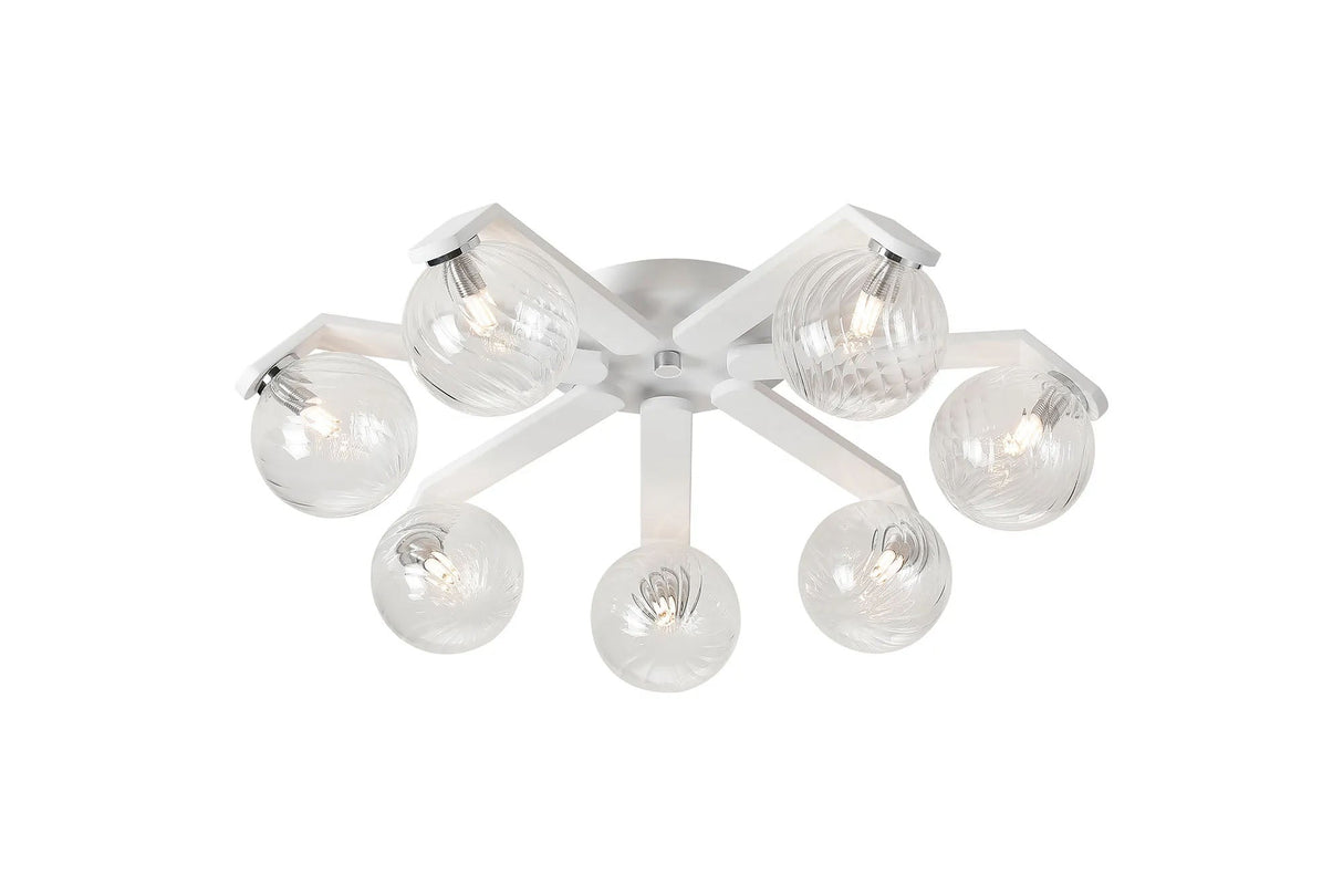 Bellingham Flush Ceiling, 8 x G9, IP44, White/Polished Chrome/Clear Swirl Round Glass