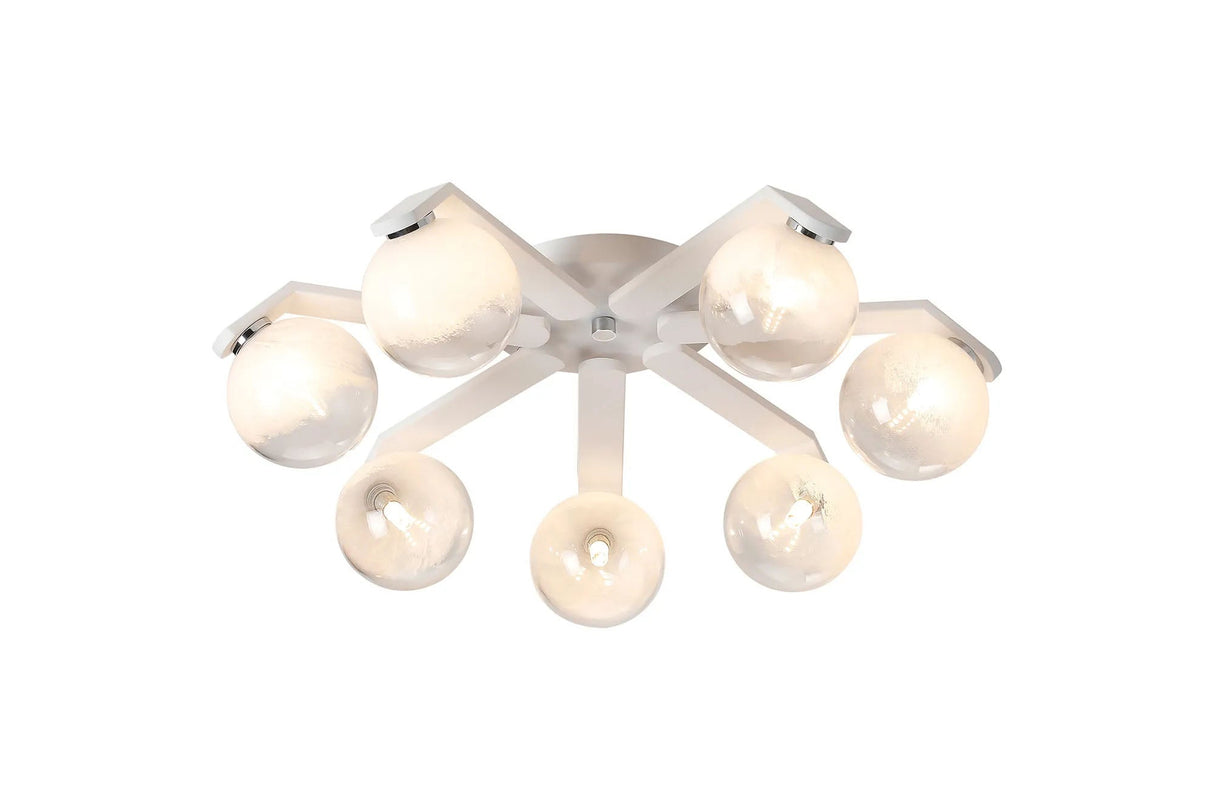 Bellingham Flush Ceiling, 8 x G9, IP44, White/Polished Chrome/White Two-Tone Snow Specks Round Glass