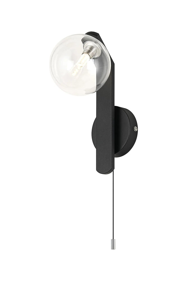 Bellingham Pull Switch Wall Light, 1 x G9, IP44, Black/Polished Chrome/Clear Smooth Round Glass
