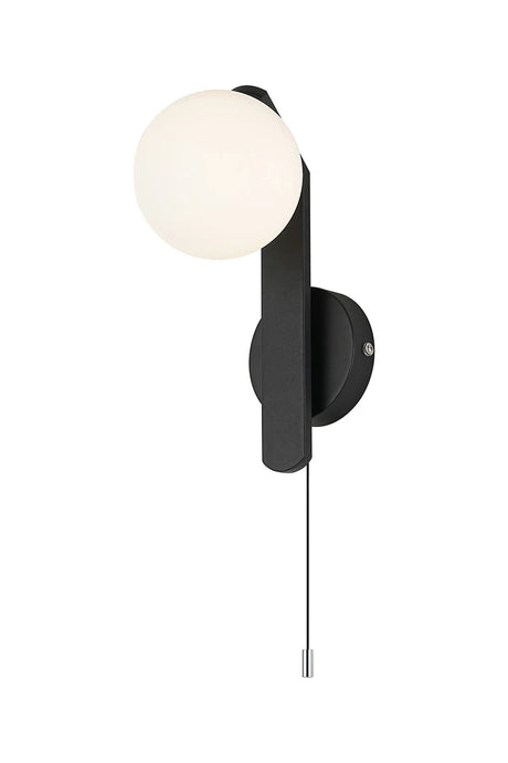 Bellingham Pull Switch Wall Light, 1 x G9, IP44, Black/Polished Chrome/Opal Smooth Round Glass