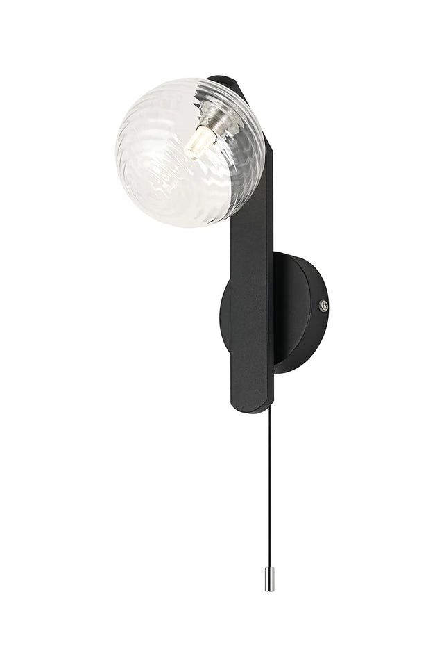 Bellingham Pull Switch Wall Light, 1 x G9, IP44, Black/Polished Chrome/Clear Ribbed Round Glass