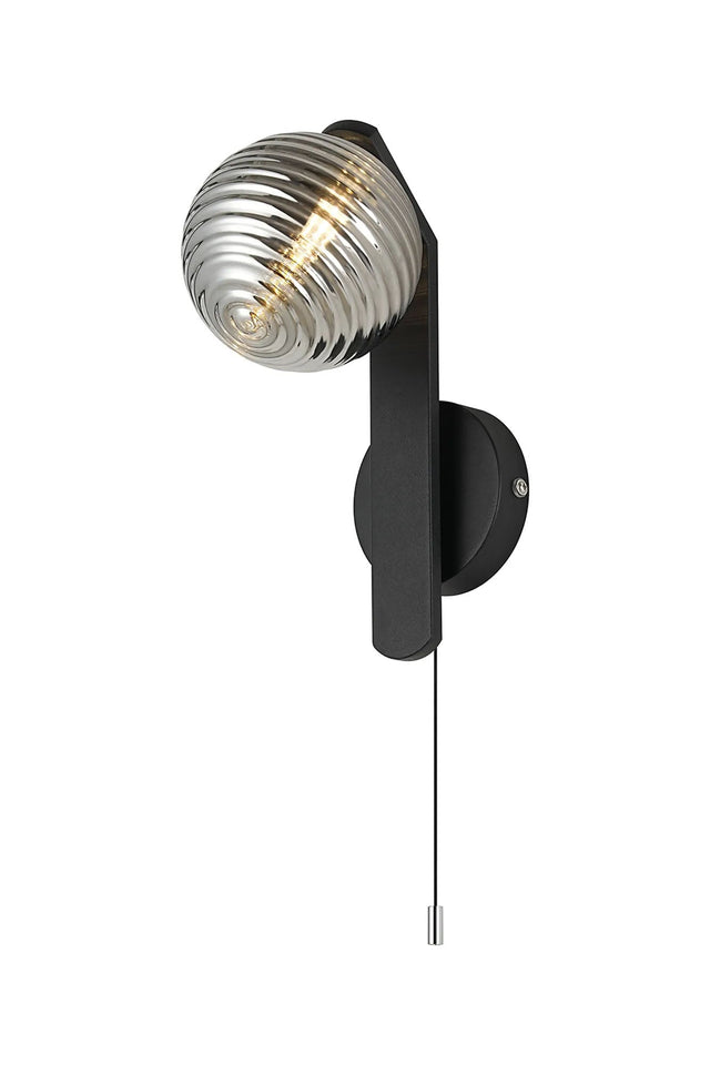 Bellingham Pull Switch Wall Light, 1 x G9, IP44, Black/Polished Chrome/Smoke Ribbed Round Glass