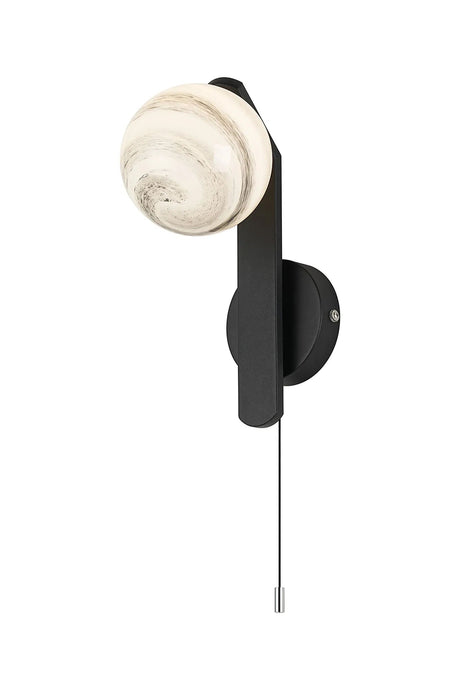Bellingham Pull Switch Wall Light, 1 x G9, IP44, Black/Polished Chrome/Grey Round Marble Effect Glass