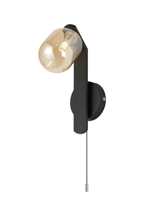 Bellingham Pull Switch Wall Light, 1 x G9, IP44, Black/Polished Chrome/Amber Smooth Tubular Glass