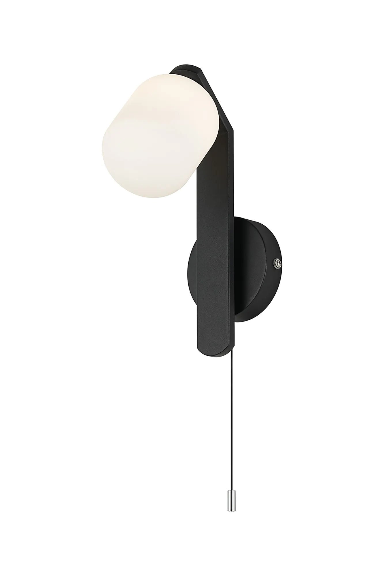Bellingham Pull Switch Wall Light, 1 x G9, IP44, Black/Polished Chrome/Opal Smooth Tubular Glass