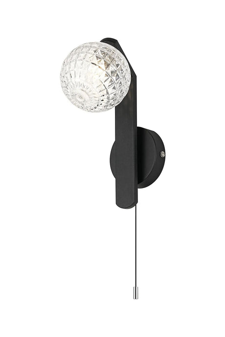 Bellingham Pull Switch Wall Light, 1 x G9, IP44, Black/Polished Chrome/Clear Cross Pattern Round Glass