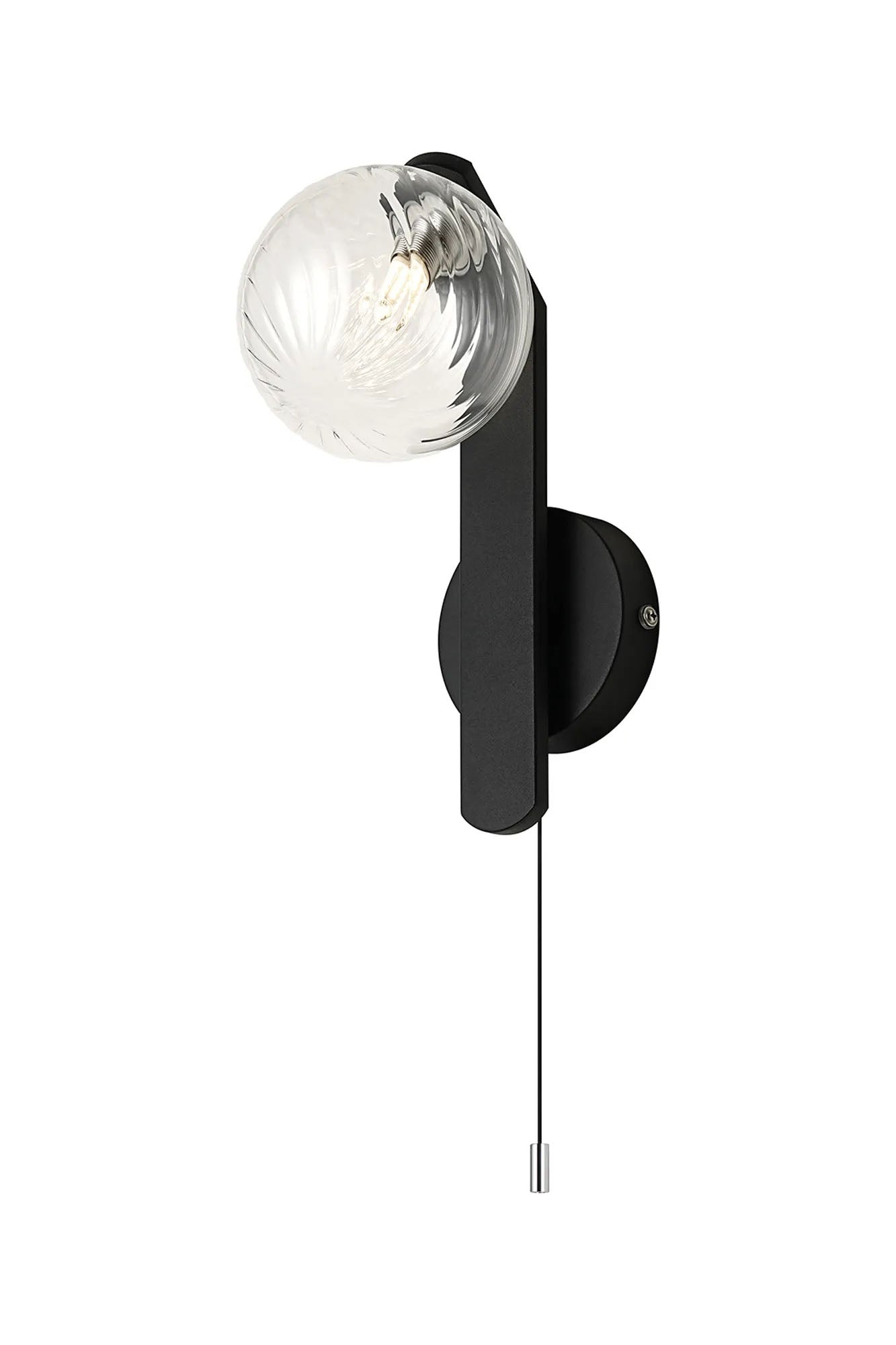 Bellingham Pull Switch Wall Light, 1 x G9, IP44, Black/Polished Chrome/Clear Swirl Round Glass