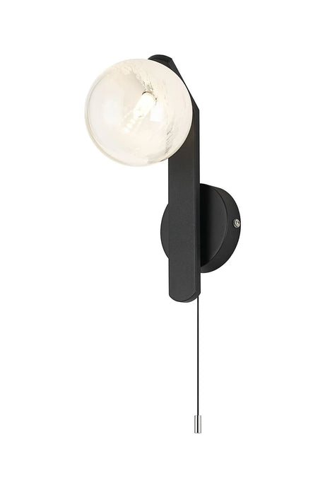 Bellingham Pull Switch Wall Light, 1 x G9, IP44, Black/Polished Chrome/White Two-Tone Snow Specks Round Glass