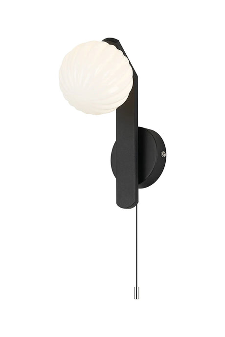 Bellingham Pull Switch Wall Light, 1 x G9, IP44, Black/Polished Chrome/Opal Round Segment Glass