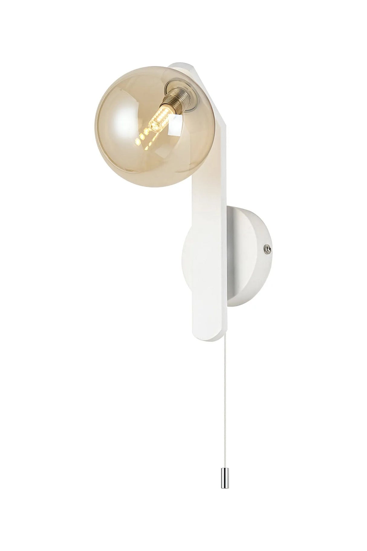 Bellingham Pull Switch Wall Light, 1 x G9, IP44, White/Polished Chrome/Amber Smooth Round Glass