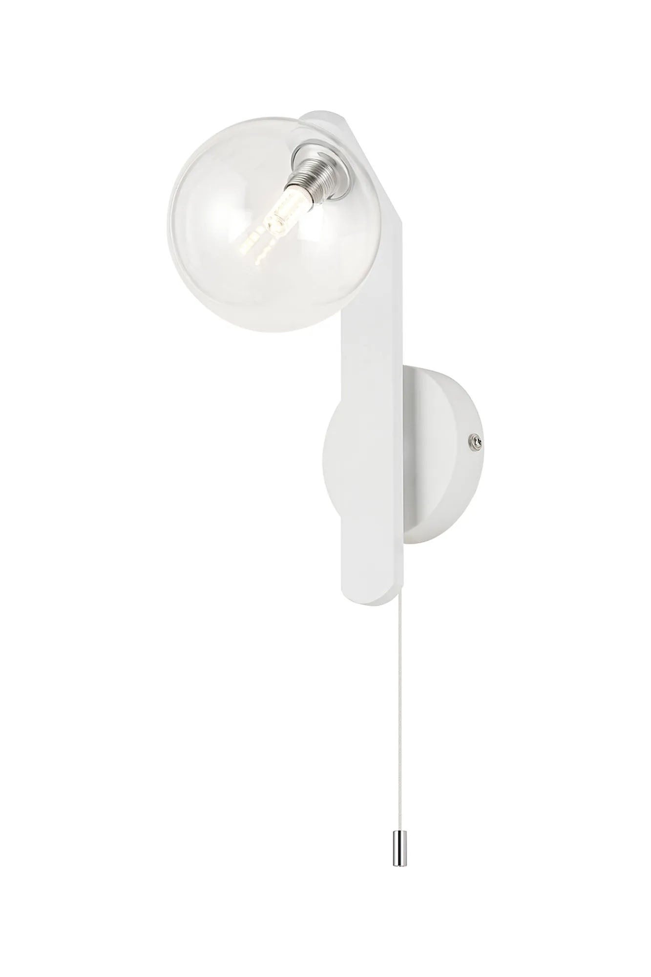 Bellingham Pull Switch Wall Light, 1 x G9, IP44, White/Polished Chrome/Clear Smooth Round Glass