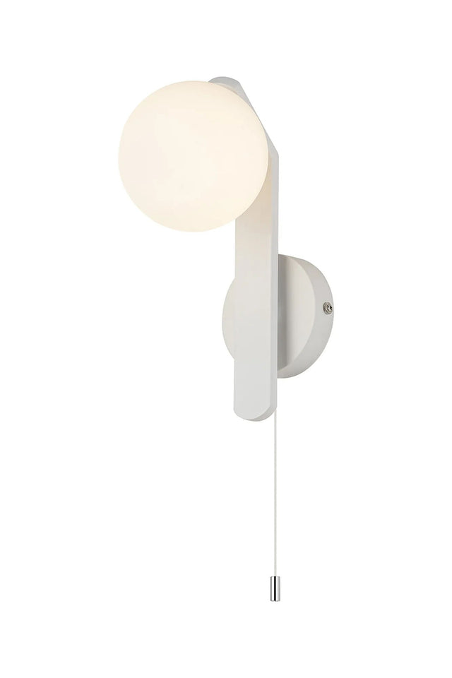 Bellingham Pull Switch Wall Light, 1 x G9, IP44, White/Polished Chrome/Opal Smooth Round Glass