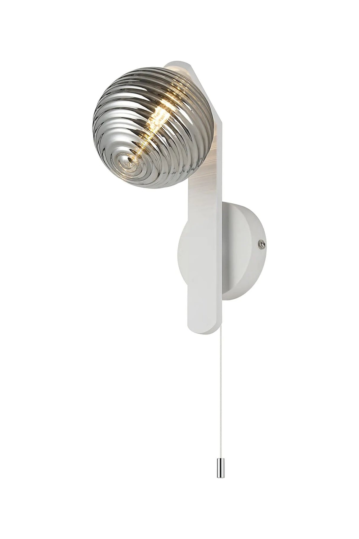 Bellingham Pull Switch Wall Light, 1 x G9, IP44, White/Polished Chrome/Smoke Ribbed Round Glass