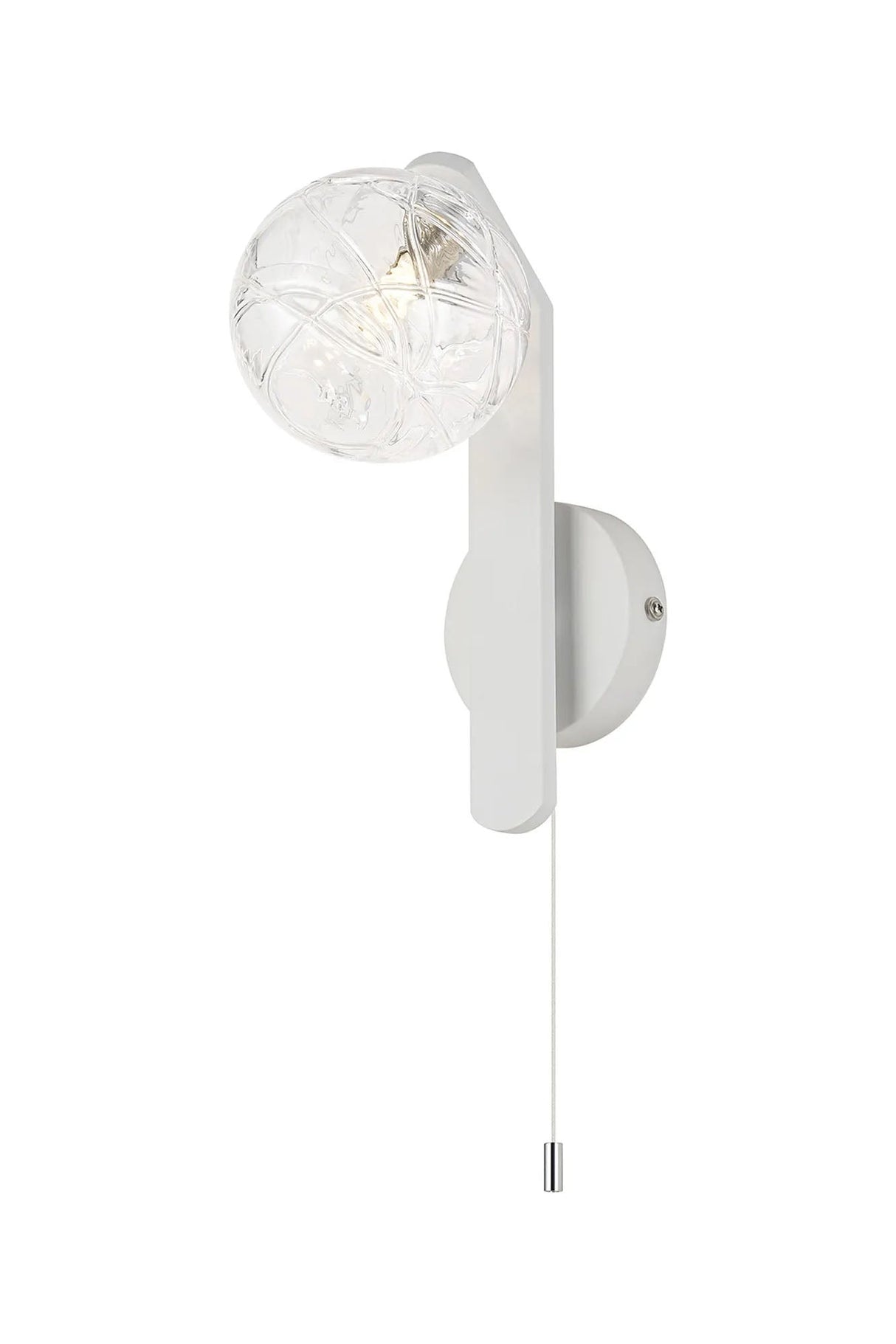 Bellingham Pull Switch Wall Light, 1 x G9, IP44, White/Polished Chrome/Clear Dune Effect Round Glass