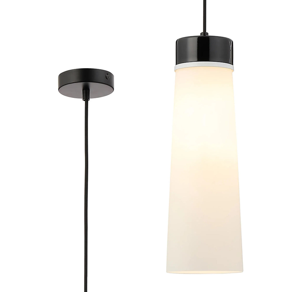 Berry 1 Light Pendant E27, With Large Opal Cylindrical Cone Glass Black Marble/Opal/Black/Black Fabric