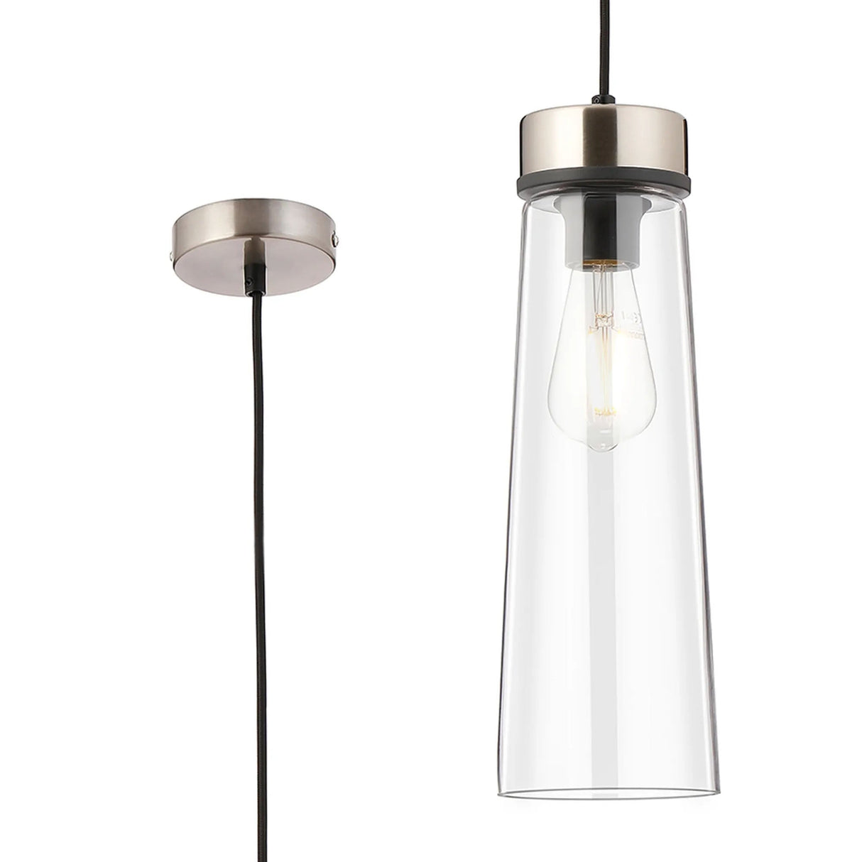 Berry 1 Light Pendant E27, With Large Clear Cylindrical Cone Glass Satin Nickel/Clear/Black Fabric
