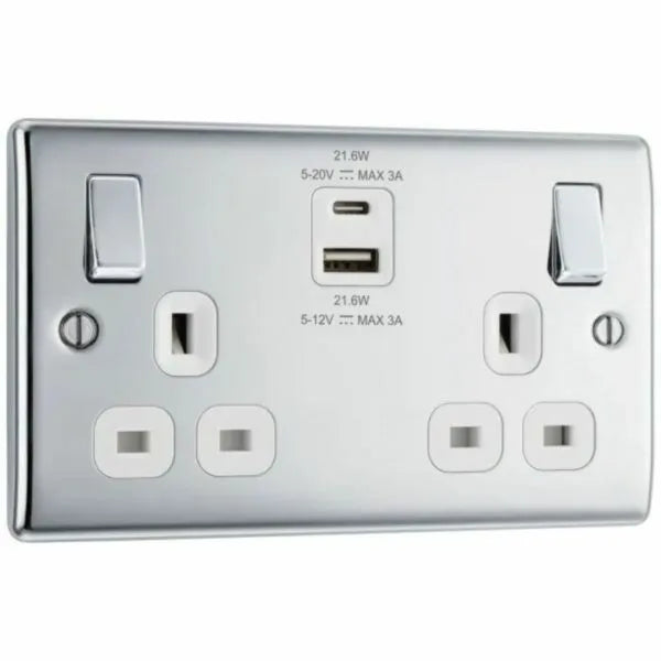 BG NPC22UAC22W-01 Nexus Metal Polished Chrome, 13A Double Switched Socket with USB A + C 22W, White Inserts