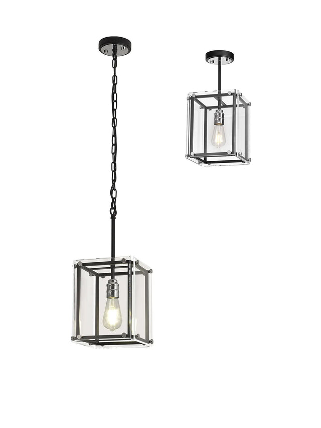 Bolton Pendant/Semi Flush, 1 x E27, Matt Black/Chrome/Clear Glass