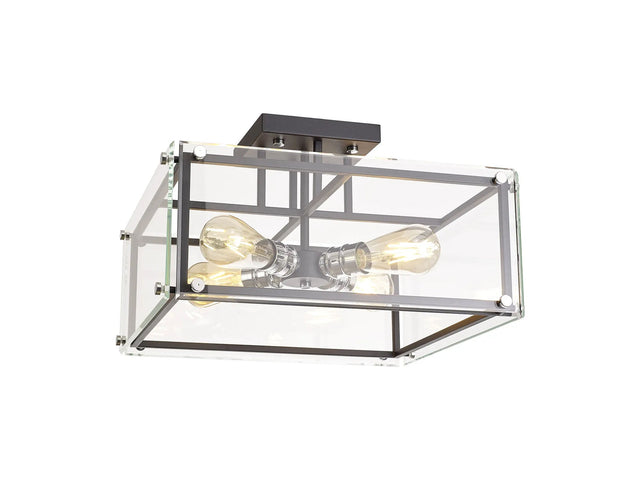 Bolton Semi Flush, 4 x E27, Matt Black/Chrome/Clear Glass