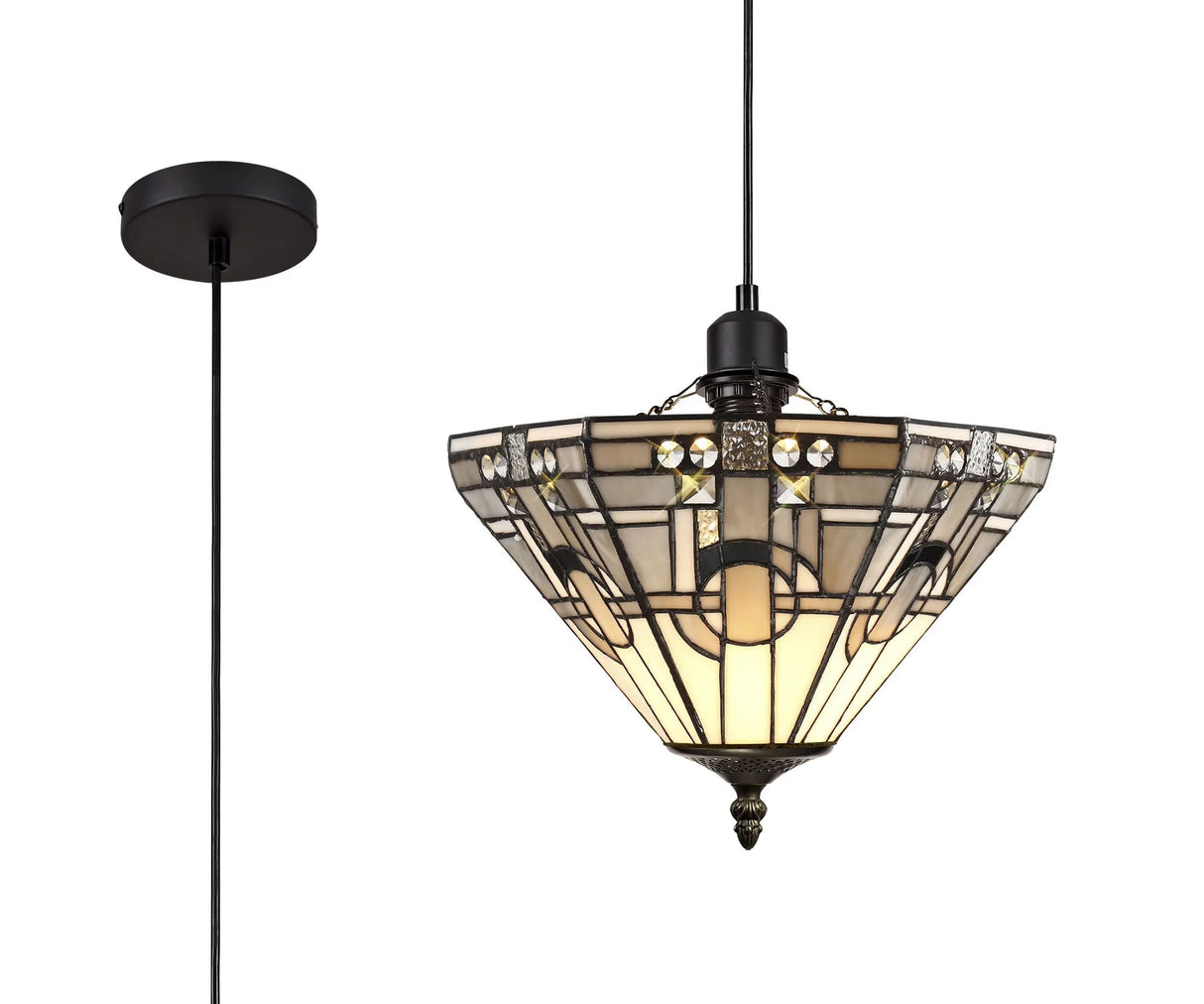 Bould 1 Light Uplighter Pendant E27 With 30cm Tiffany Shade, White/Grey/Black/Clear Crystal