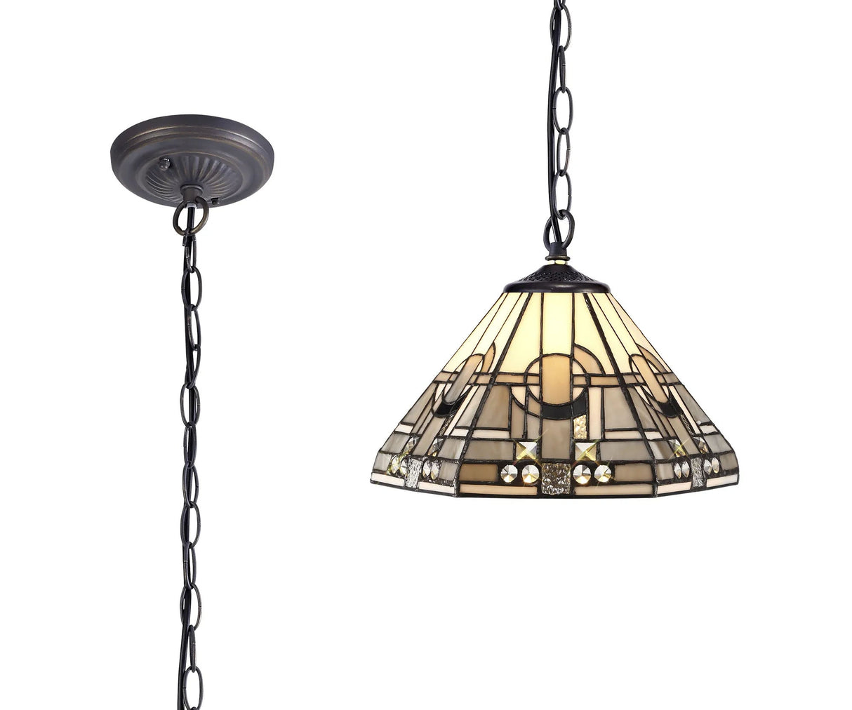 Bould 1 Light Downlighter Pendant E27 With 30cm Tiffany Shade, White/Grey/Black/Clear Crystal/Aged Antique Brass