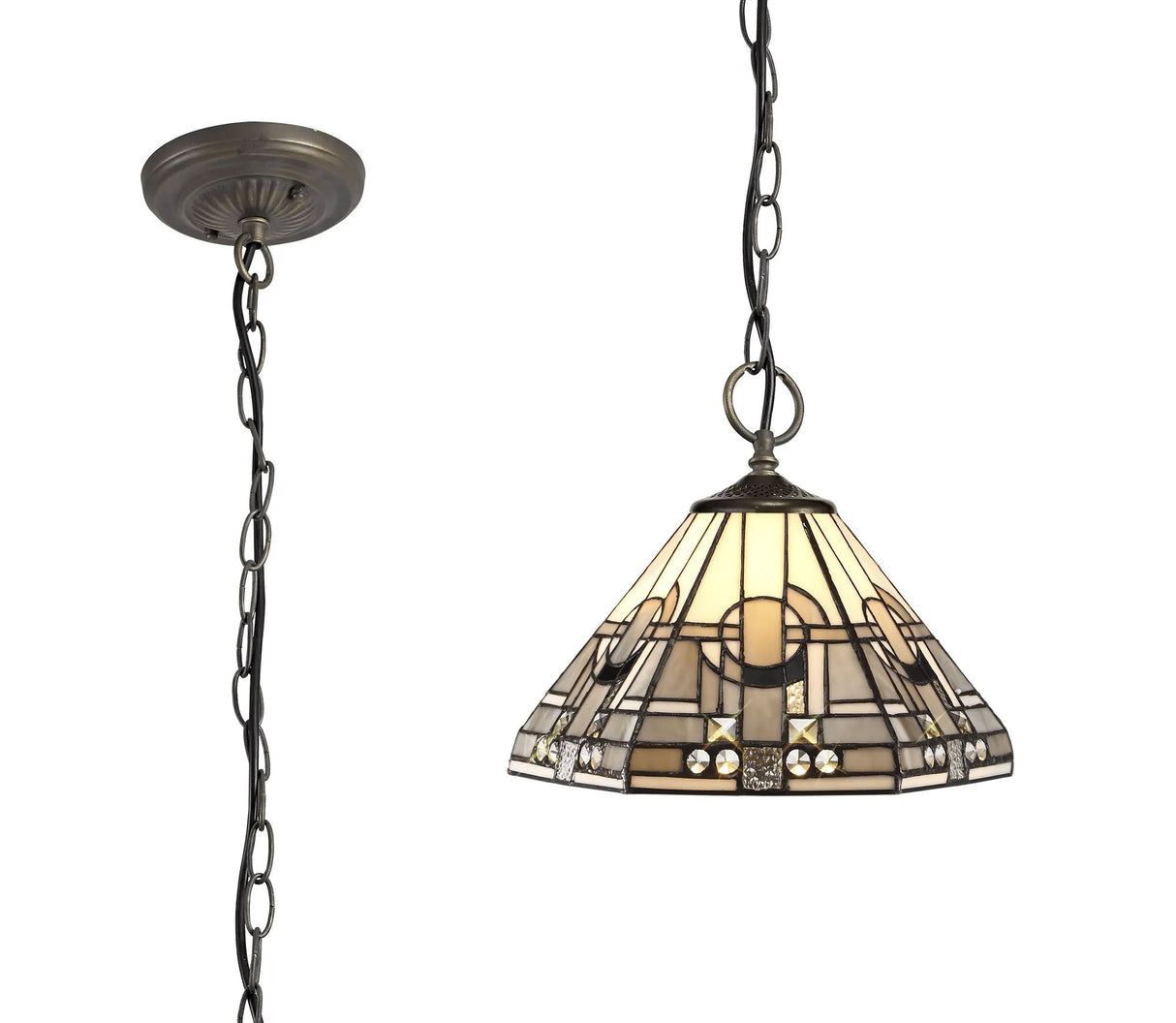 Bould 3 Light Downlighter Pendant E27 With 30cm Tiffany Shade, White/Grey/Black/Clear Crystal/Aged Antique Brass