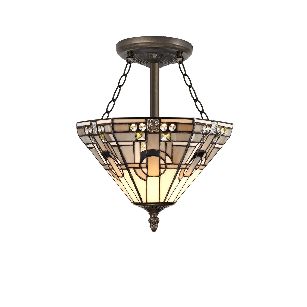 Bould 3 x E27 Semi Flush With Tiffany Shade 30cm Shade, White/Grey/Black/Clear Crystal/Aged Antique Brass