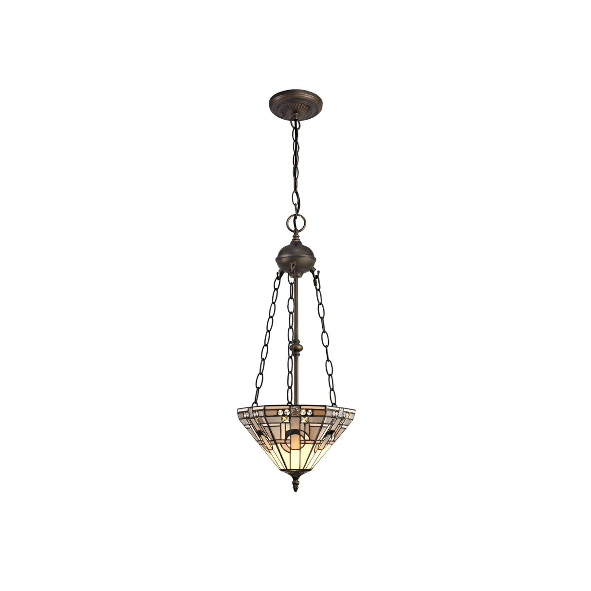 Bould 2 Light Uplighter Pendant E27 With 30cm Tiffany Shade, White/Grey/Black/Clear Crystal/Aged Antique Brass