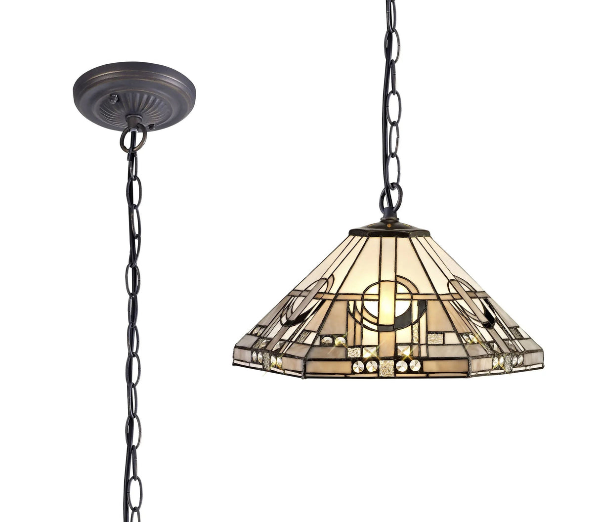 Bould 1 Light Downlighter Pendant E27 With 40cm Tiffany Shade, White/Grey/Black/Clear Crystal/Aged Antique Brass