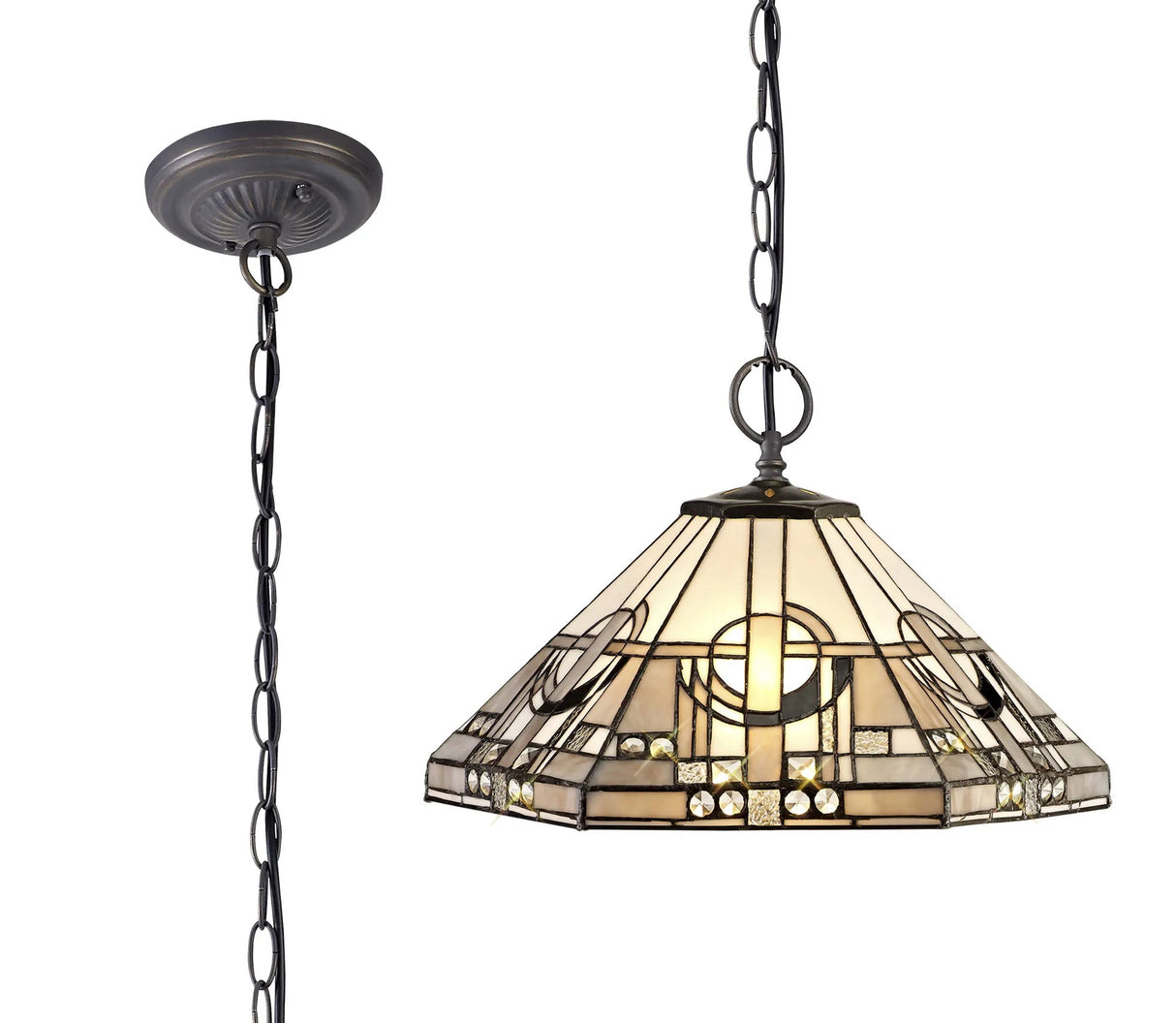 Bould 2 Light Downlighter Pendant E27 With 40cm Tiffany Shade, White/Grey/Black/Clear Crystal/Aged Antique Brass