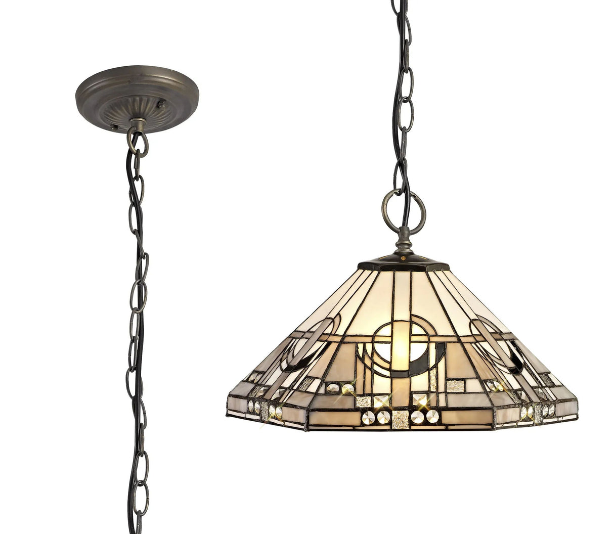 Bould 3 Light Downlighter Pendant E27 With 40cm Tiffany Shade, White/Grey/Black/Clear Crystal/Aged Antique Brass