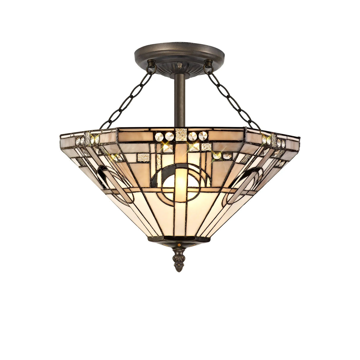 Bould 3 x E27 Semi Flush With Tiffany Shade 40cm Shade, White/Grey/Black/Clear Crystal/Aged Antique Brass