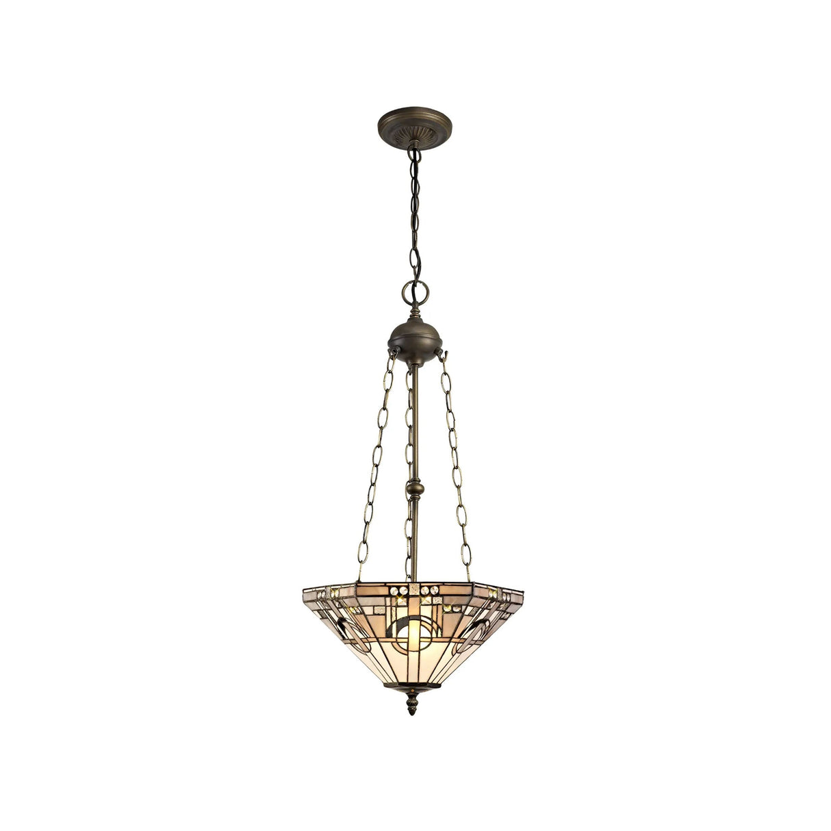 Bould 3 Light Uplighter Pendant E27 With 40cm Tiffany Shade, White/Grey/Black/Clear Crystal/Aged Antique Brass