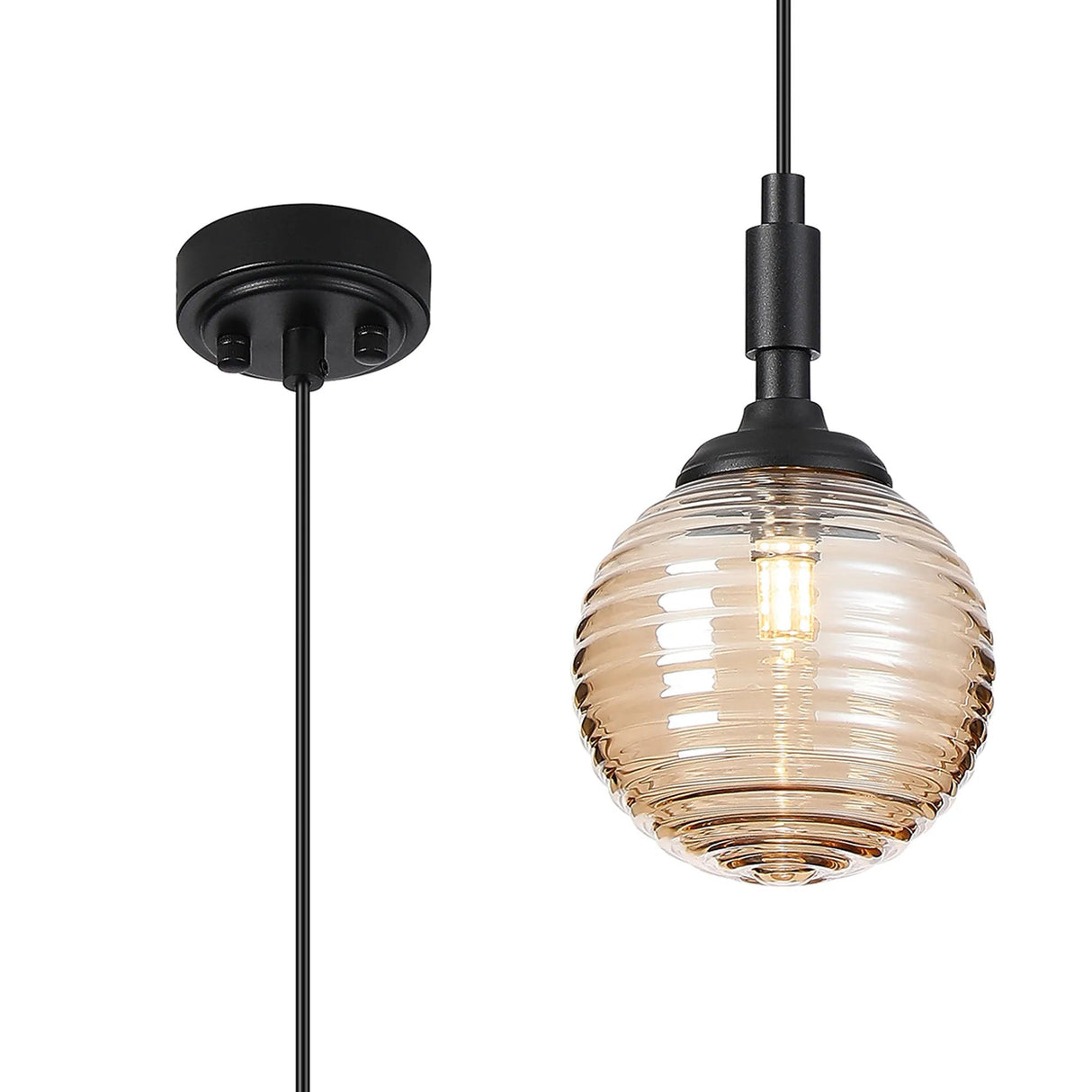 Bowles Pendant 1 Light IP44 Satin Black/Amber Ribbed Round Glass